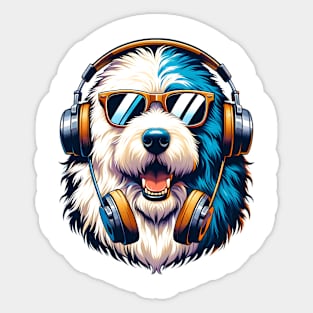 Old English Sheepdog as Smiling DJ with Headphones and Sunglasses Sticker